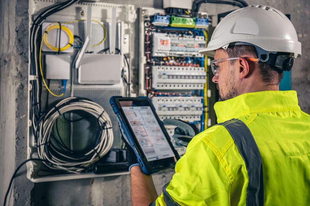 technicien en électricité travaillant dans un tableau électrique