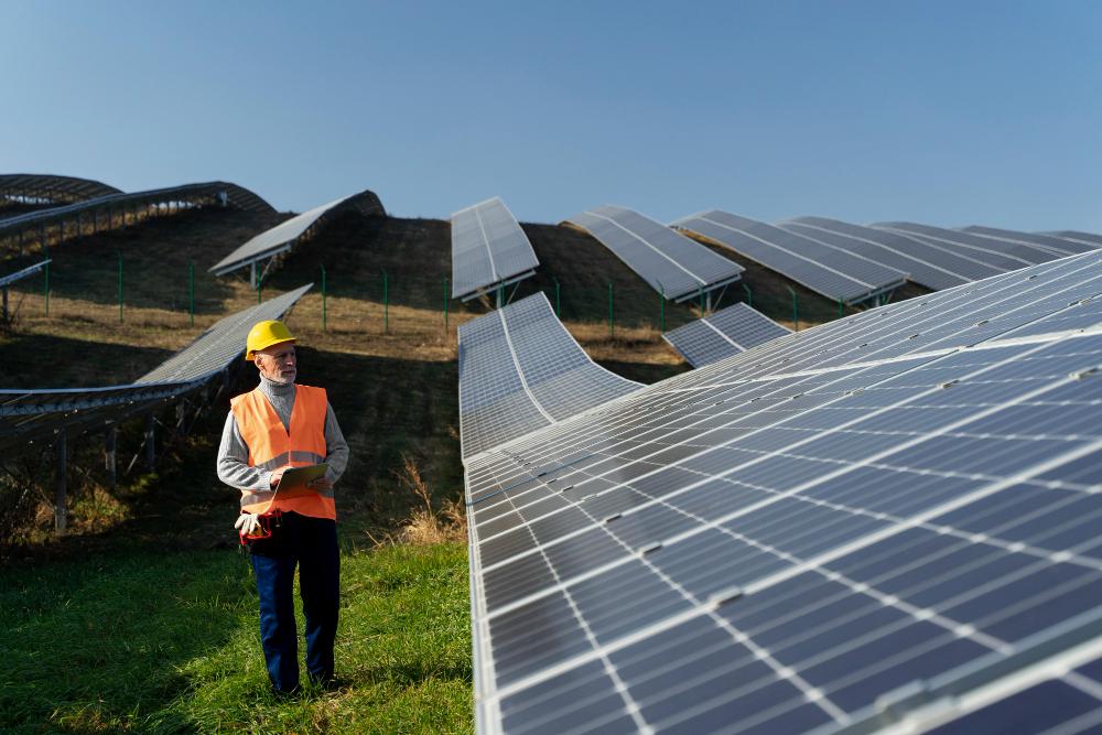 Personne à proximité d'une centrale d'énergie alternative